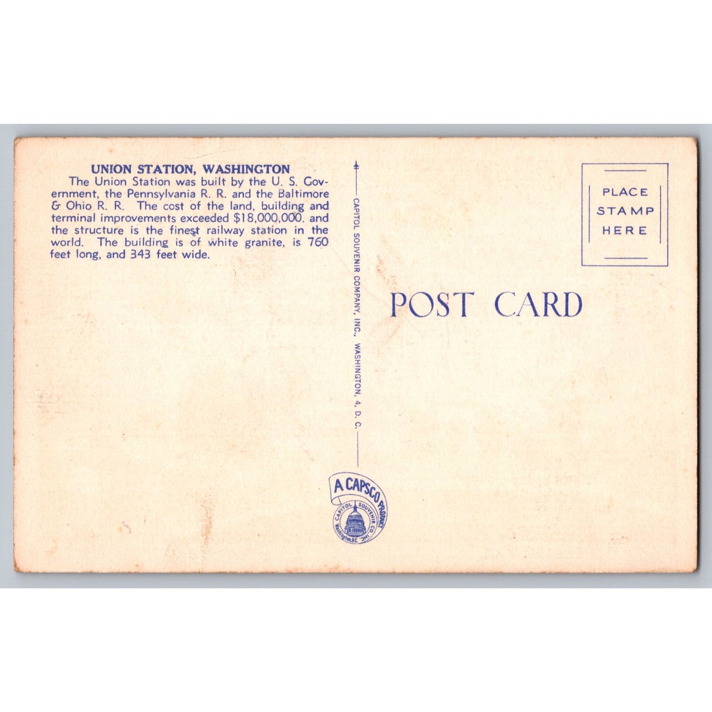 Washington DC Union Station White Border Postcard Unused