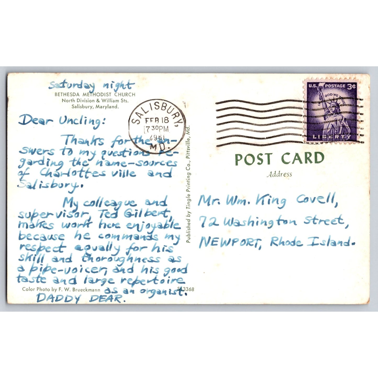 Salisbury MD Maryland Bethesda Methodist Church Chrome Postcard Used 1961