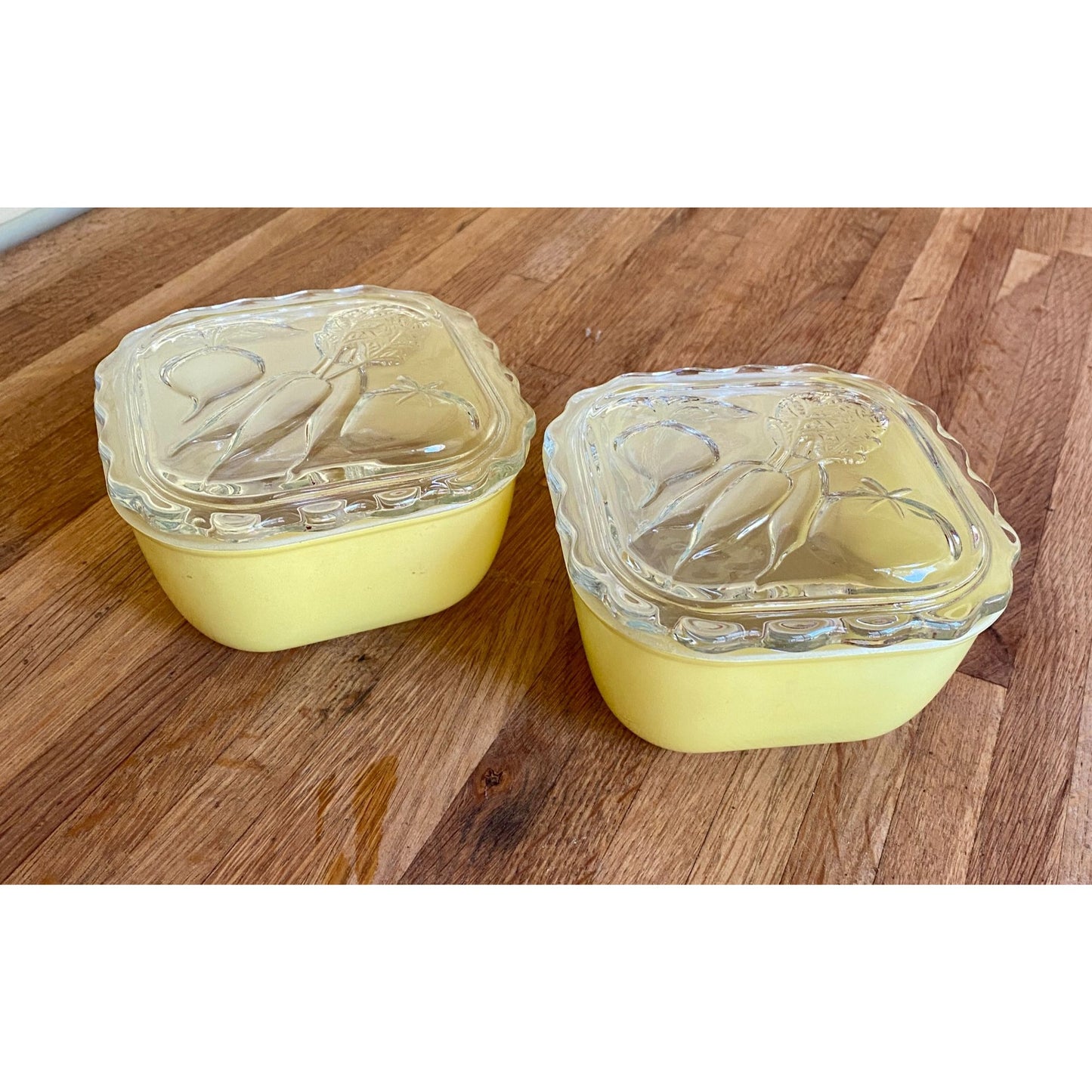 Jeanette Glass Refrigerator Dishes Yellow With Embossed Vegetable Design Lids Set Of 2