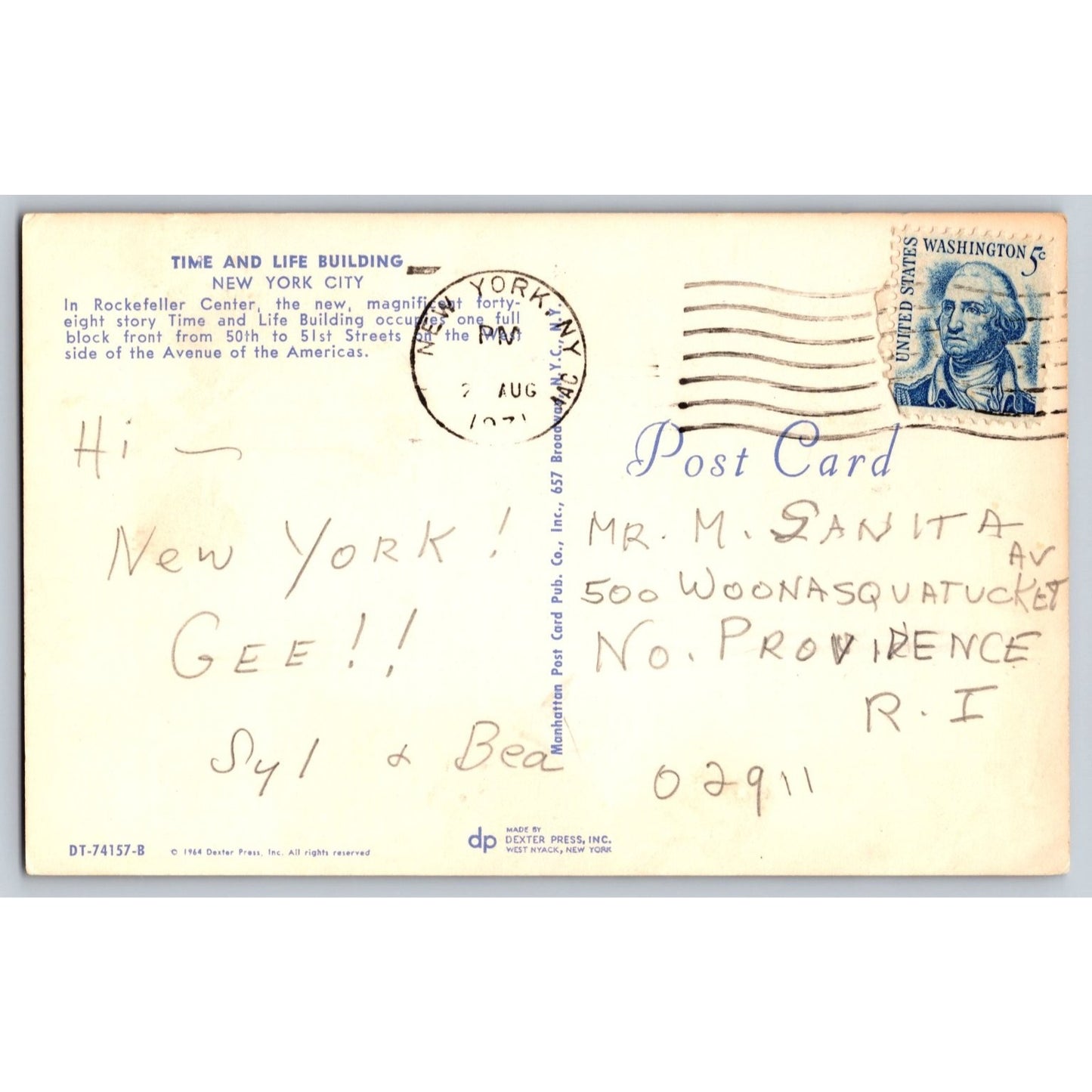New York City NY Time and Life Building 1964 Chrome Postcard Dexter Press