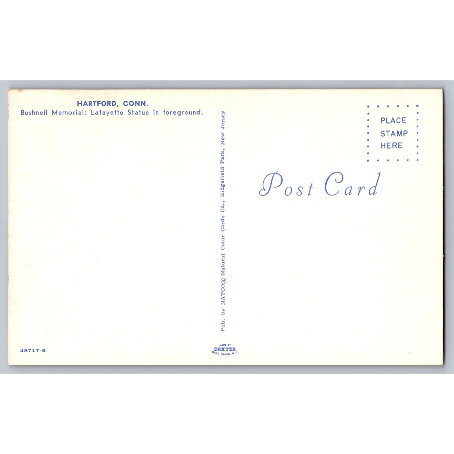 Hartford CT Connecticut Bushnel Memorial Lafayette Statue Chrome Postcard Unused