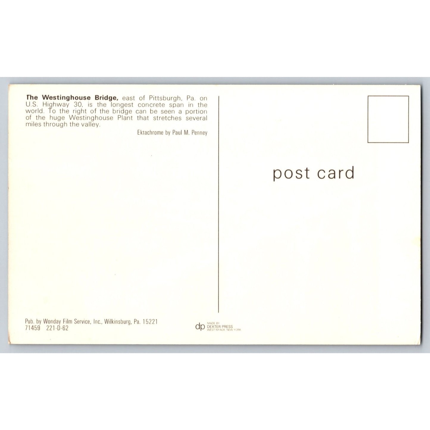 Pittsburgh PA Pennsylvania Westinghouse Bridge Longest Concrete Span Postcard