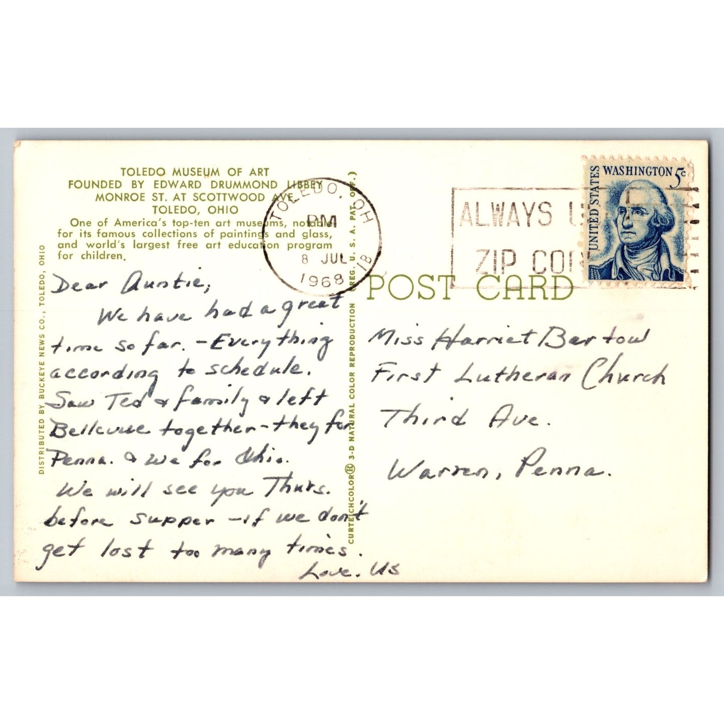 Toledo OH Ohio Museum Of Art 1968 Chrome Postcard Used