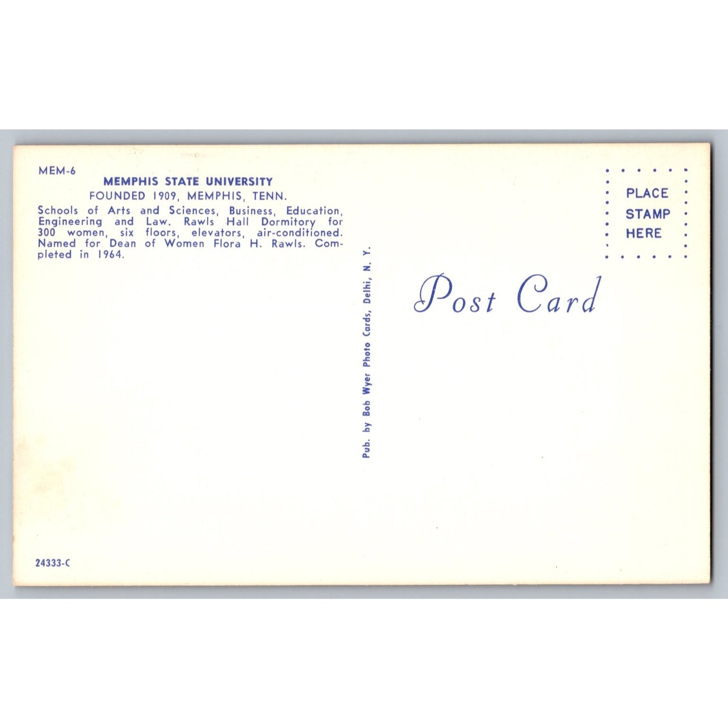 Memphis TN State University Rawls Hall Dormitory Postcard 1964