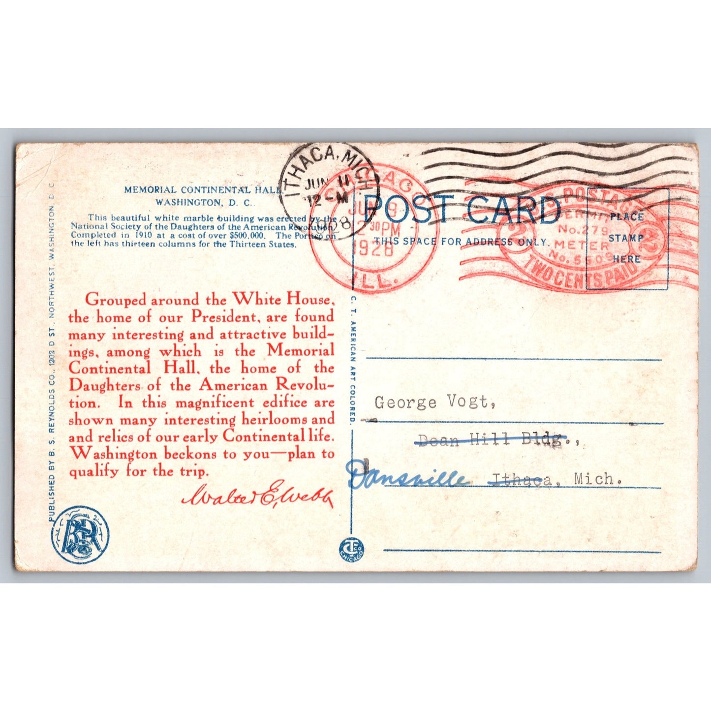 Washington DC Memorial Continental DAR 1928 White Border Postcard Used