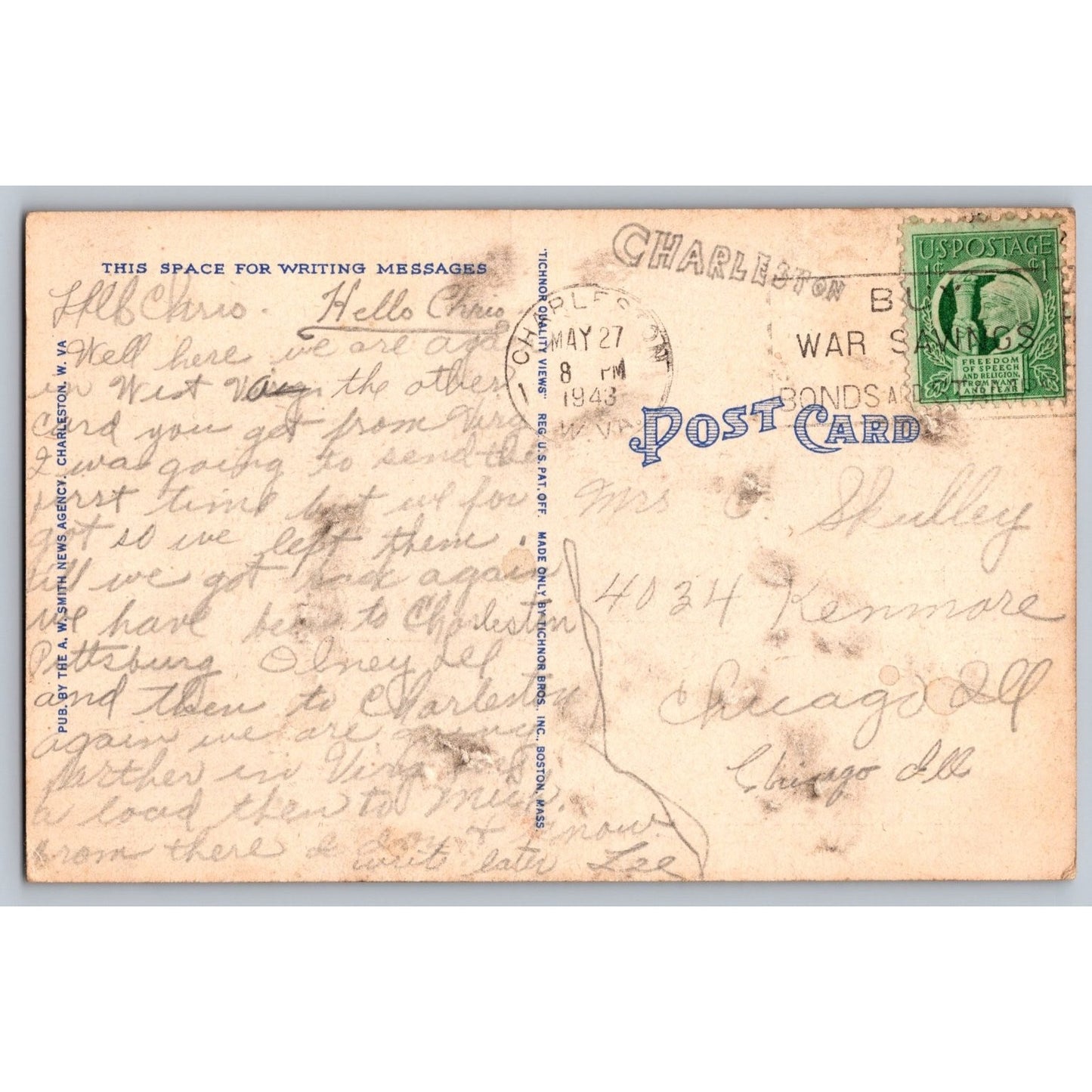 Charleston WV West Virginia Large Letter Greetings 1943 Linen Postcard AW Smith