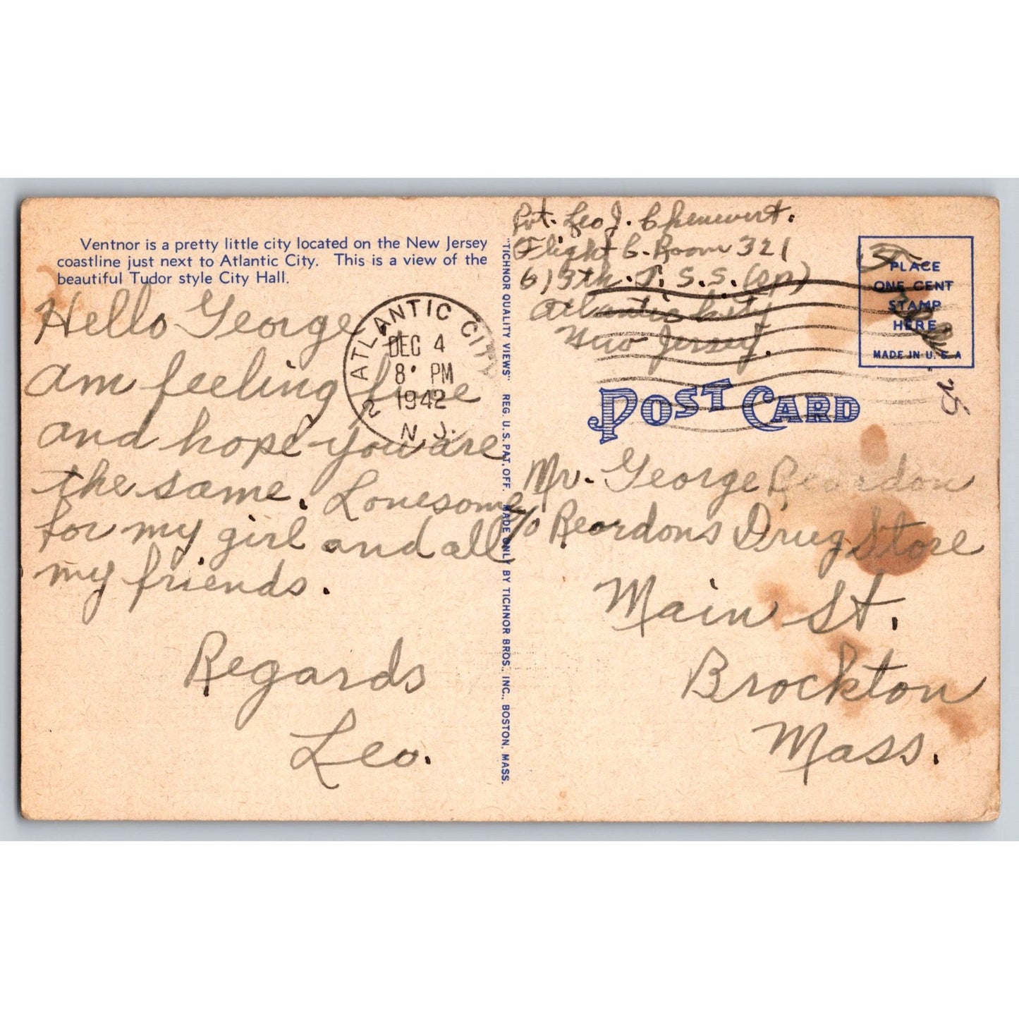 Ventnor NJ New Jersey City Hall 1942 White Border Postcard Used