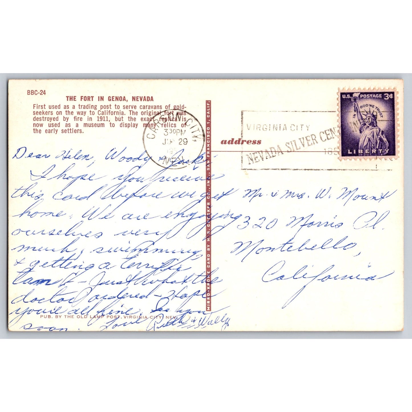 Genoa NV Nevada The Fort Museum Chrome Postcard Used with Stamp