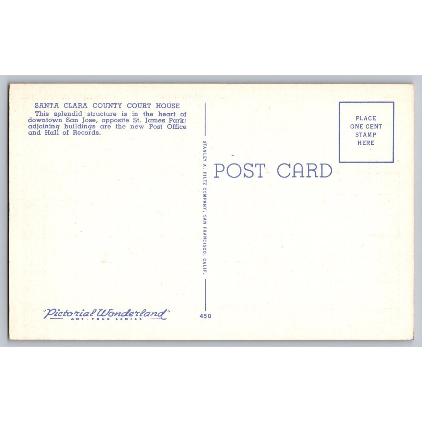 San Jose CA California Santa Clara County Court House Linen Postcard Unused