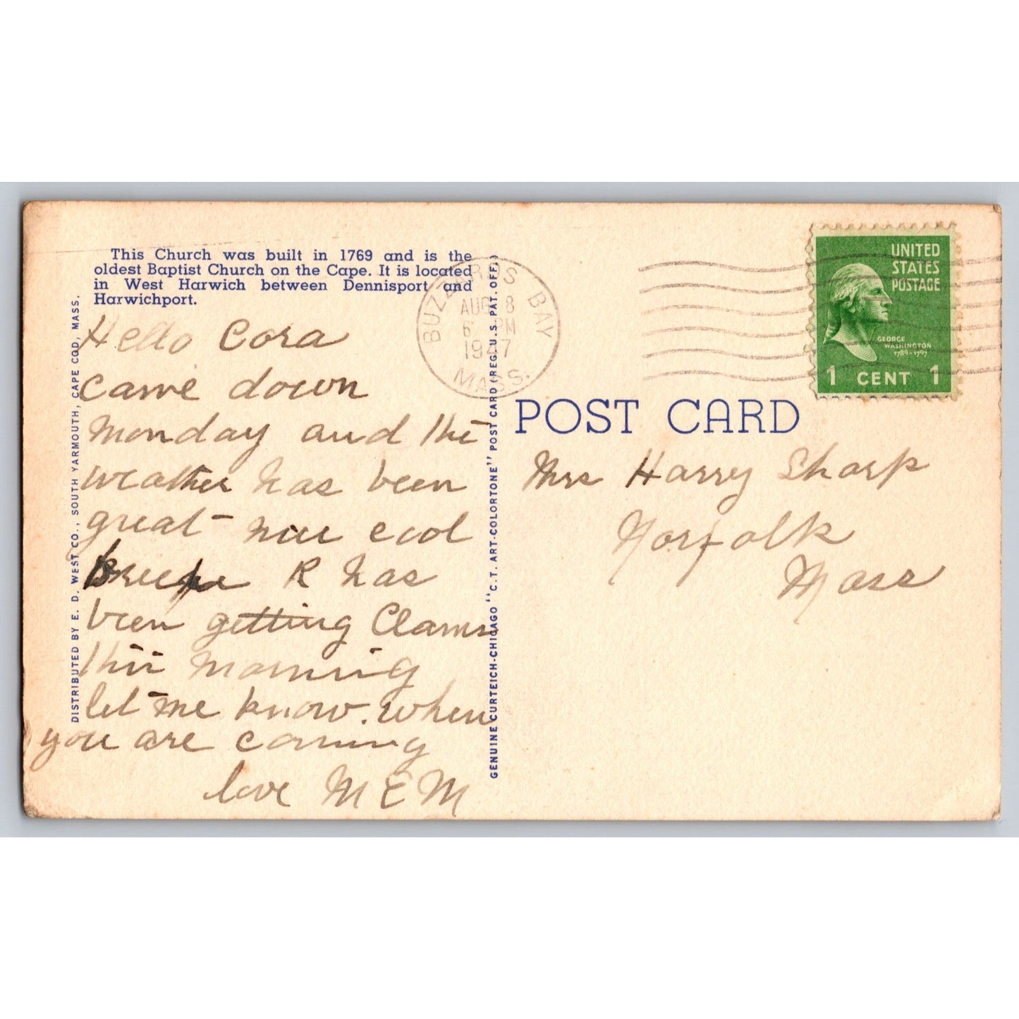 Cape Cod MA Massachusetts Oldest Baptist Church Linen Postcard Unused