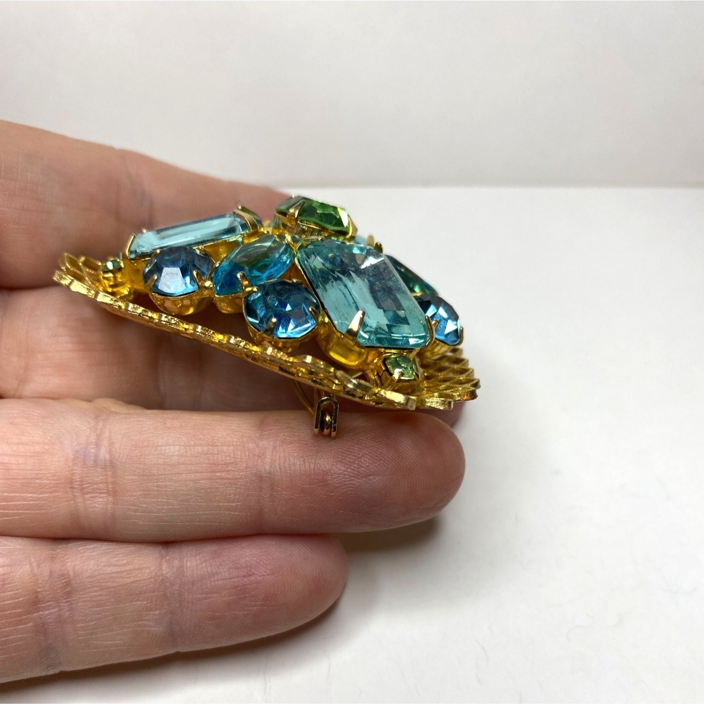Vintage Gold-Tone Brooch Blue & Green Rhinestones Filigree Design Elegant Statement Jewelry