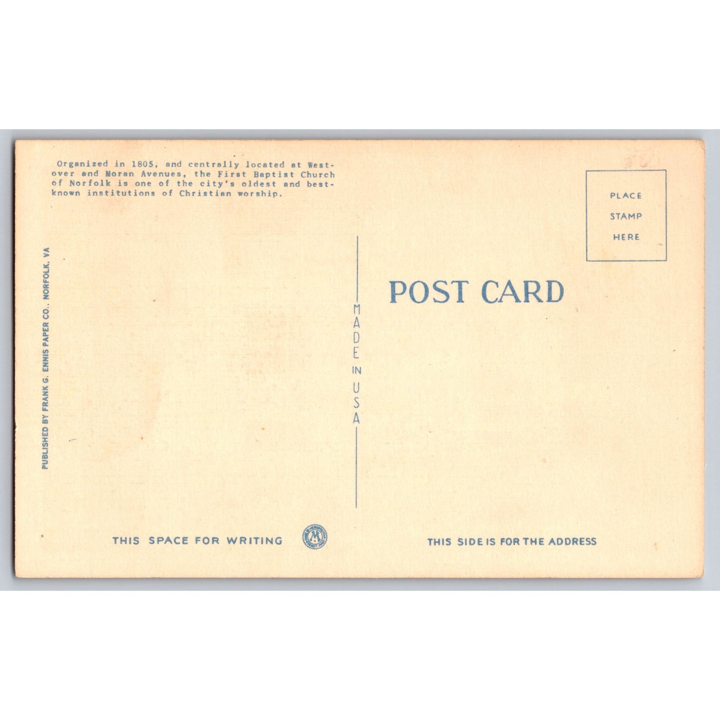 Norfolk VA Virginia First Baptist Church 1930s White Border Postcard Unused