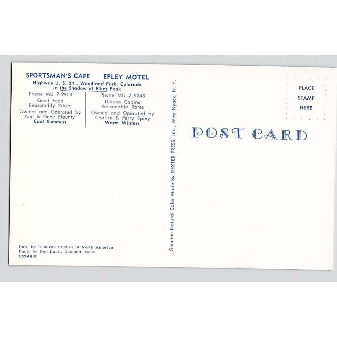 Woodland Park CO Colorado Sportsman Cafe Epley Motel Chrome Postcard Unused