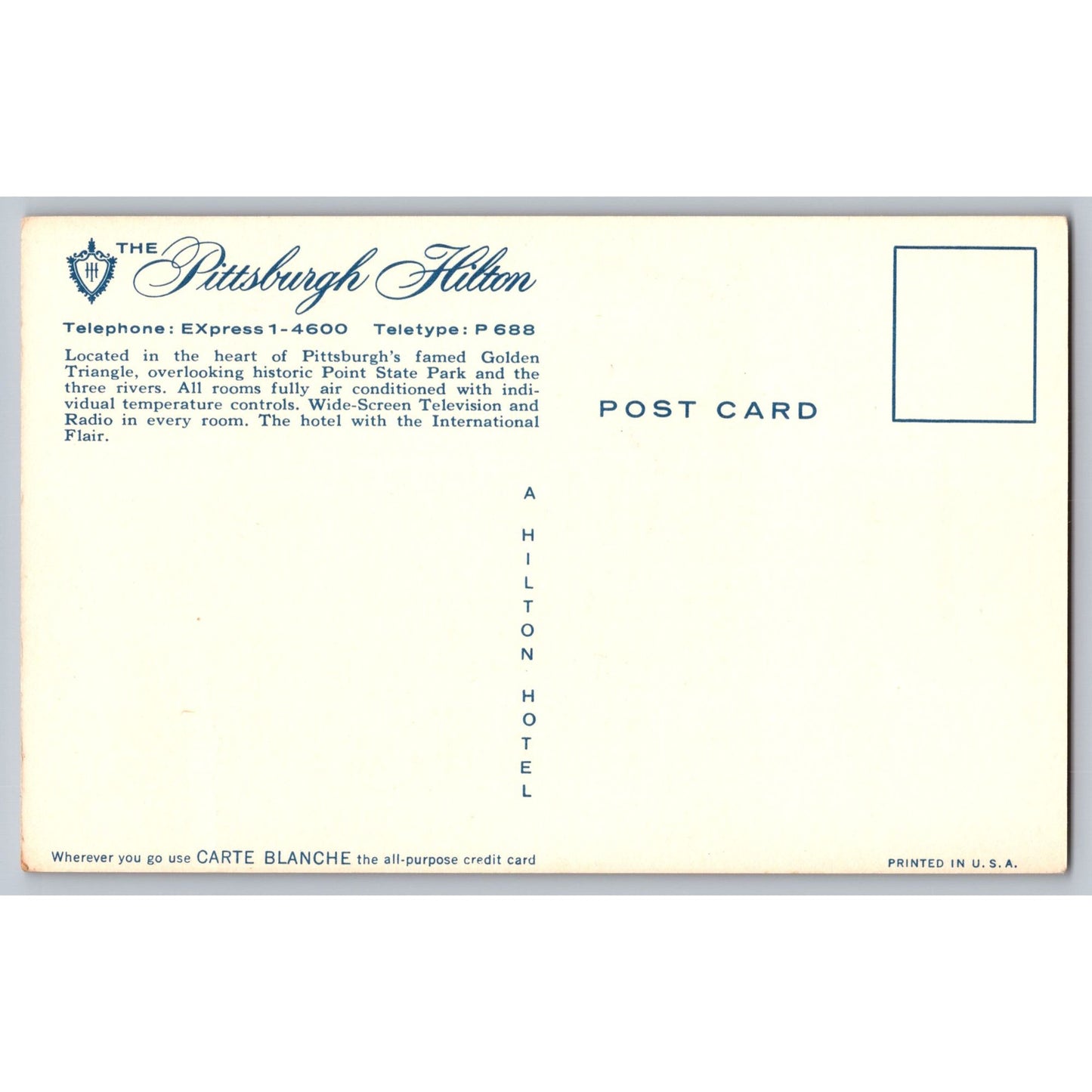 Pittsburgh PA Pennsylvania Hilton Iconic Hotel Illustration Postcard Unused