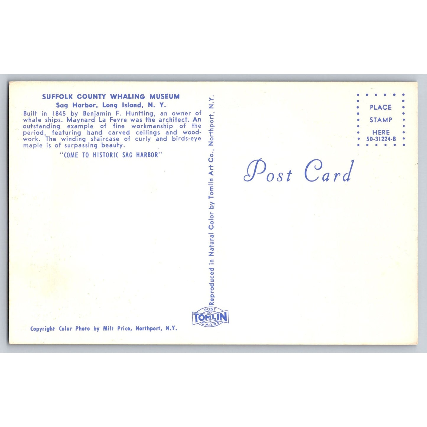 Long Island NY New York Sag Habor Suffolk County Whaling Museum Postcard Tomlin