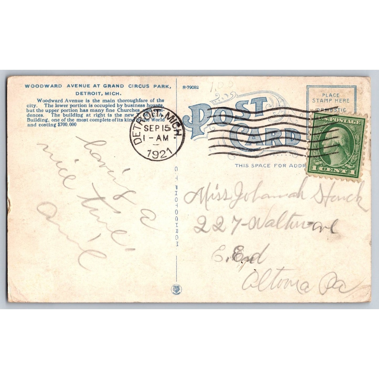 Detroit MI Michigan Woodward Ave Grand Circus Park 1921 Postcard Used