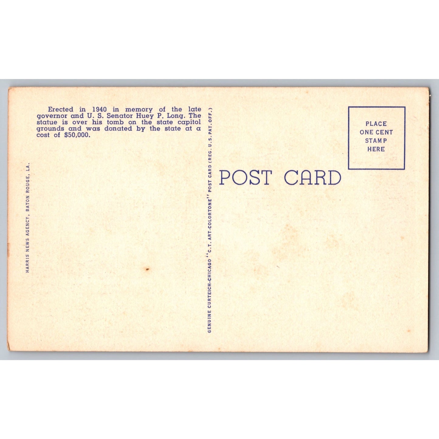 Baton Rouge LA Louisiana Huey P Long Monument White Border Postcard Unused