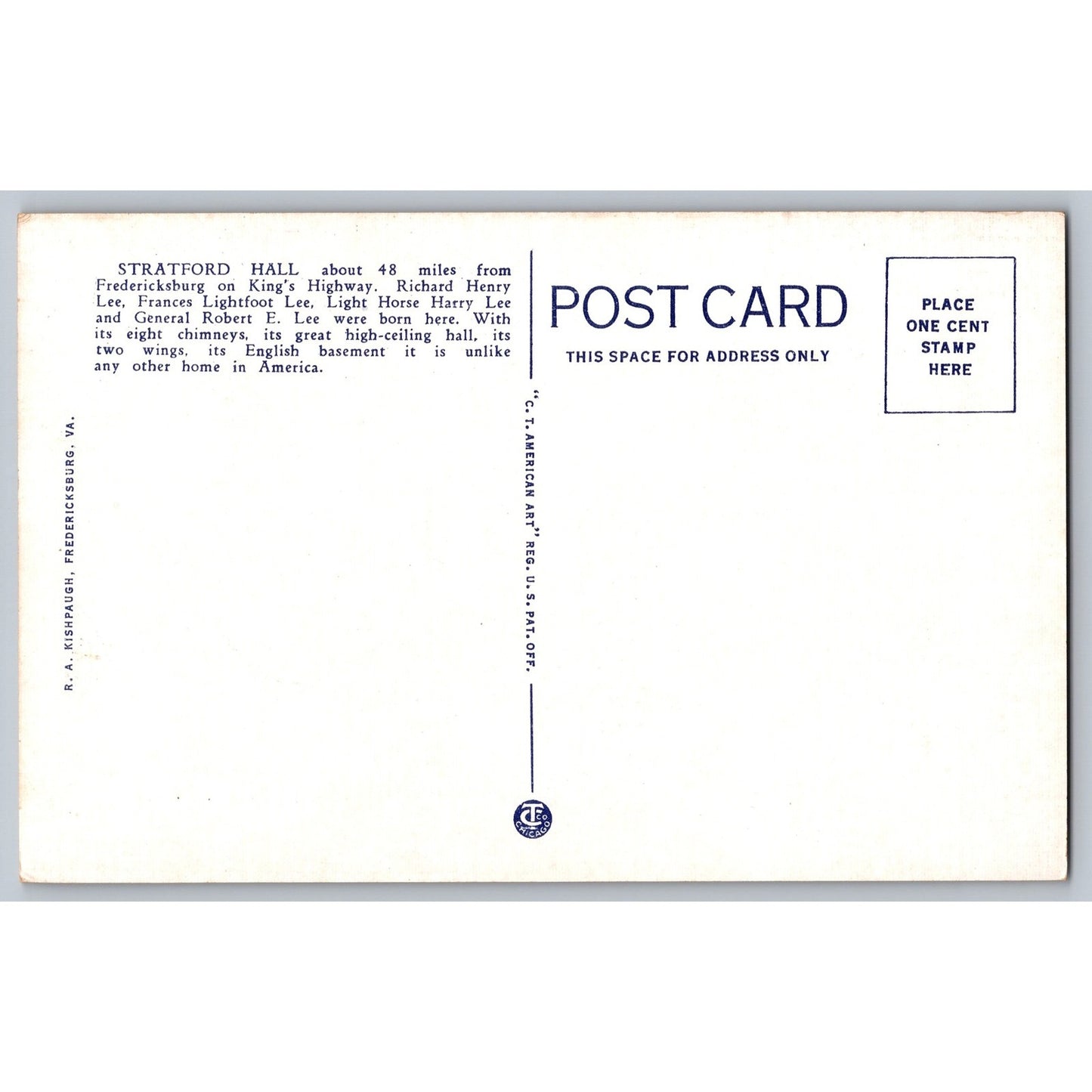 Fredericksburg VA Virginia Stratford Hall White Border Postcard C T American Art