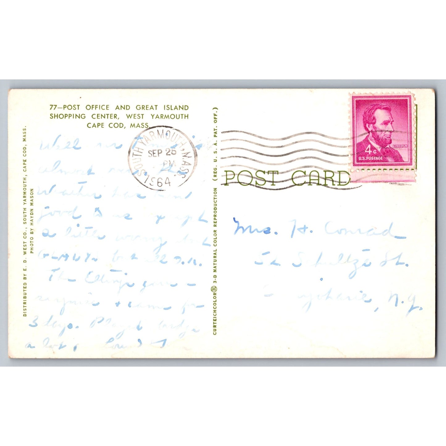 Cape Cod MA Massachusetts Post Office 1950s Chrome Postcard Used with Stamp