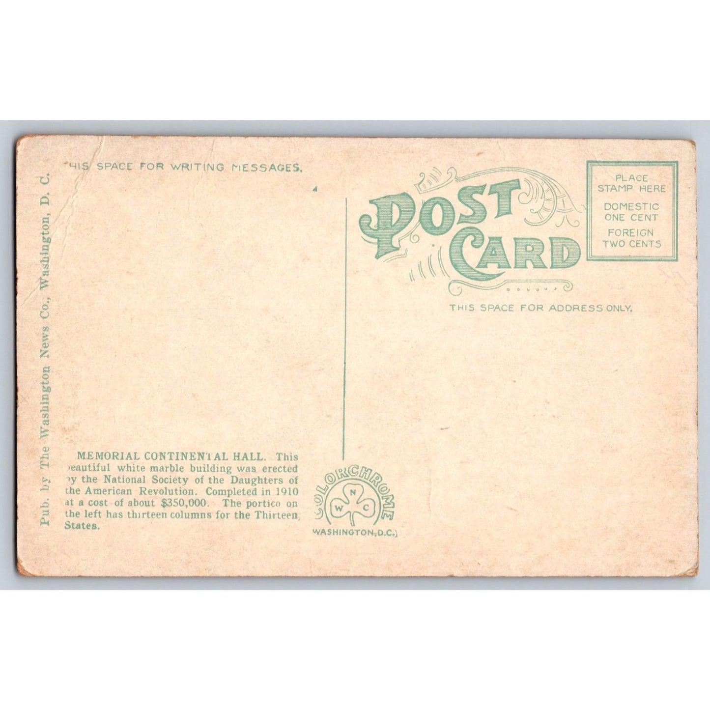 Washington DC Memorial Continental Hall 1910 White Border Postcard Unused