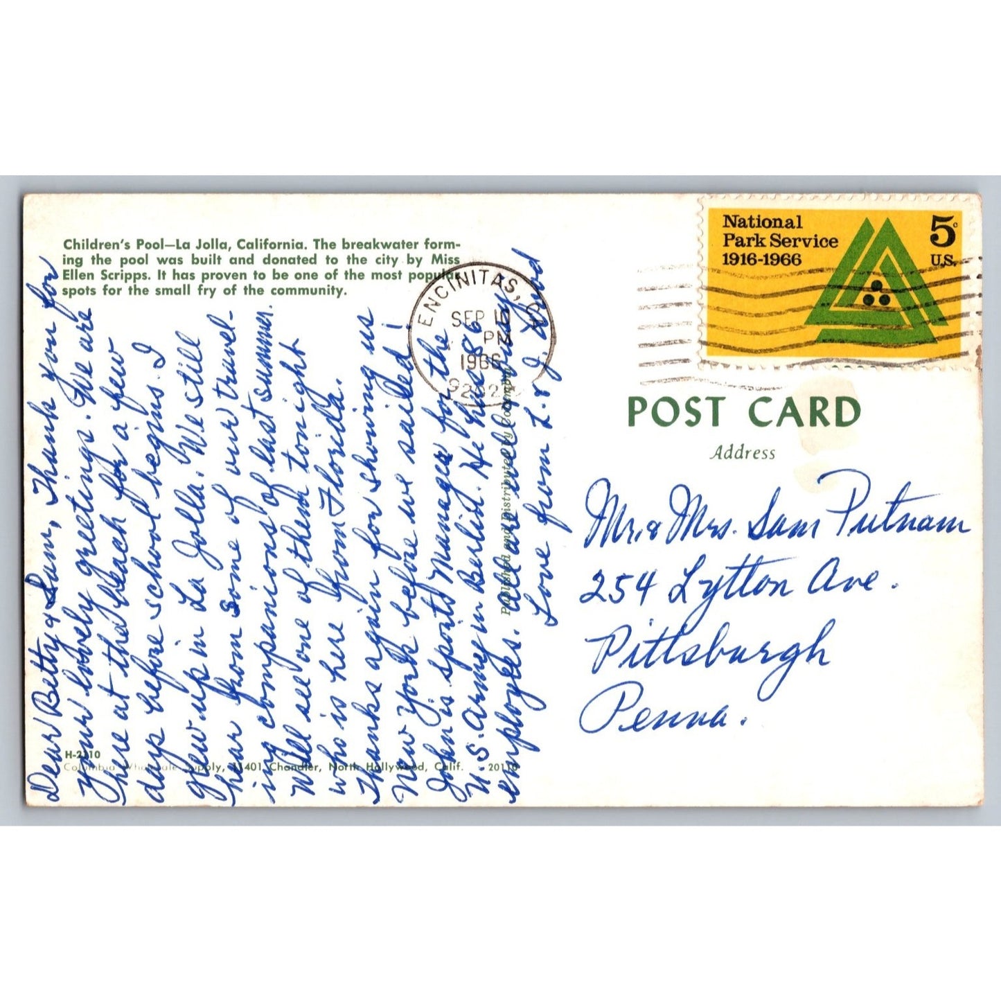 La Jolla CA California Children's Pool Beach 60s Chrome Postcard Boy Scout Stamp
