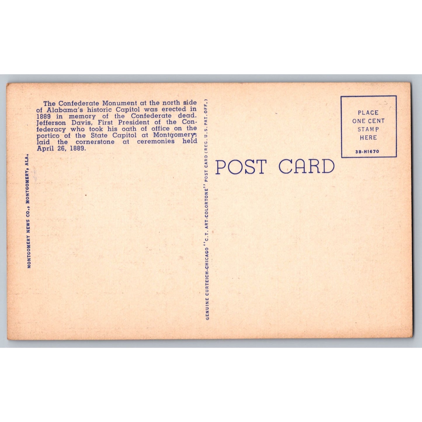 Montgomery AL Alabama Confederate Monument Linen Postcard Unused