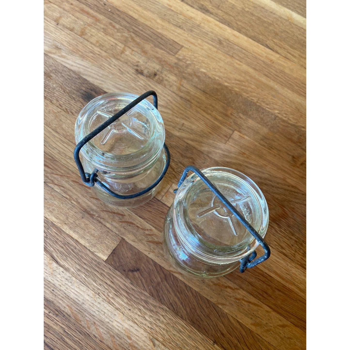 Antique Half Pint Glass Jars With Metal Wire Bail Lids 4 oz Set Of Two