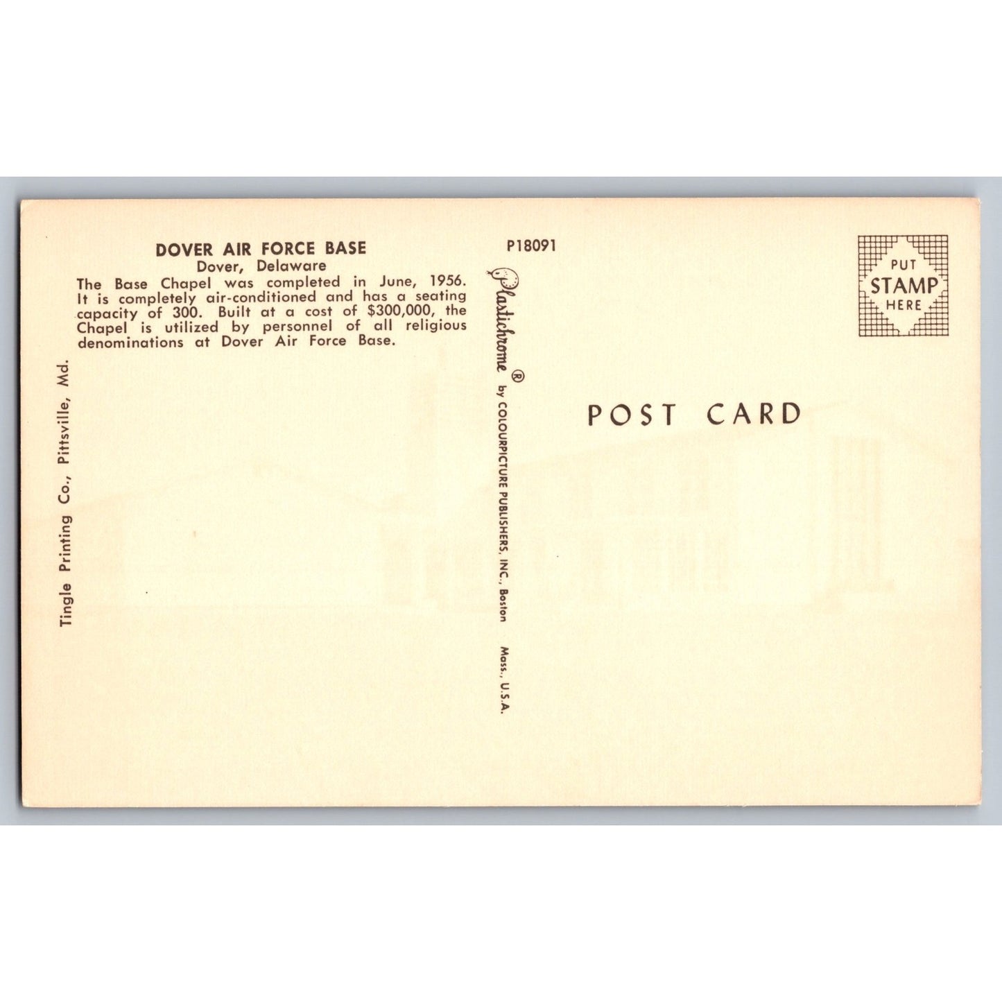 Dover DE Delaware Air Force Base Chapel Chrome Postcard Unused