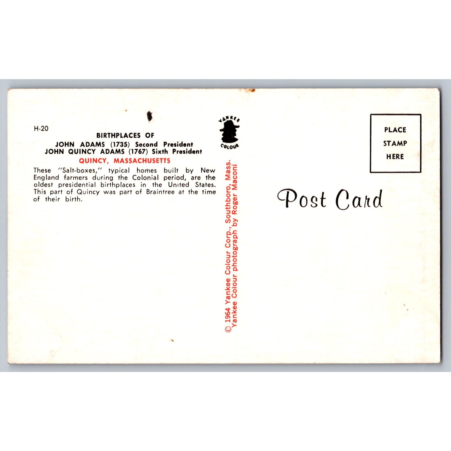 Quincy MA Massachusetts Birthplace Presidents John & John Quincy Adams Postcard