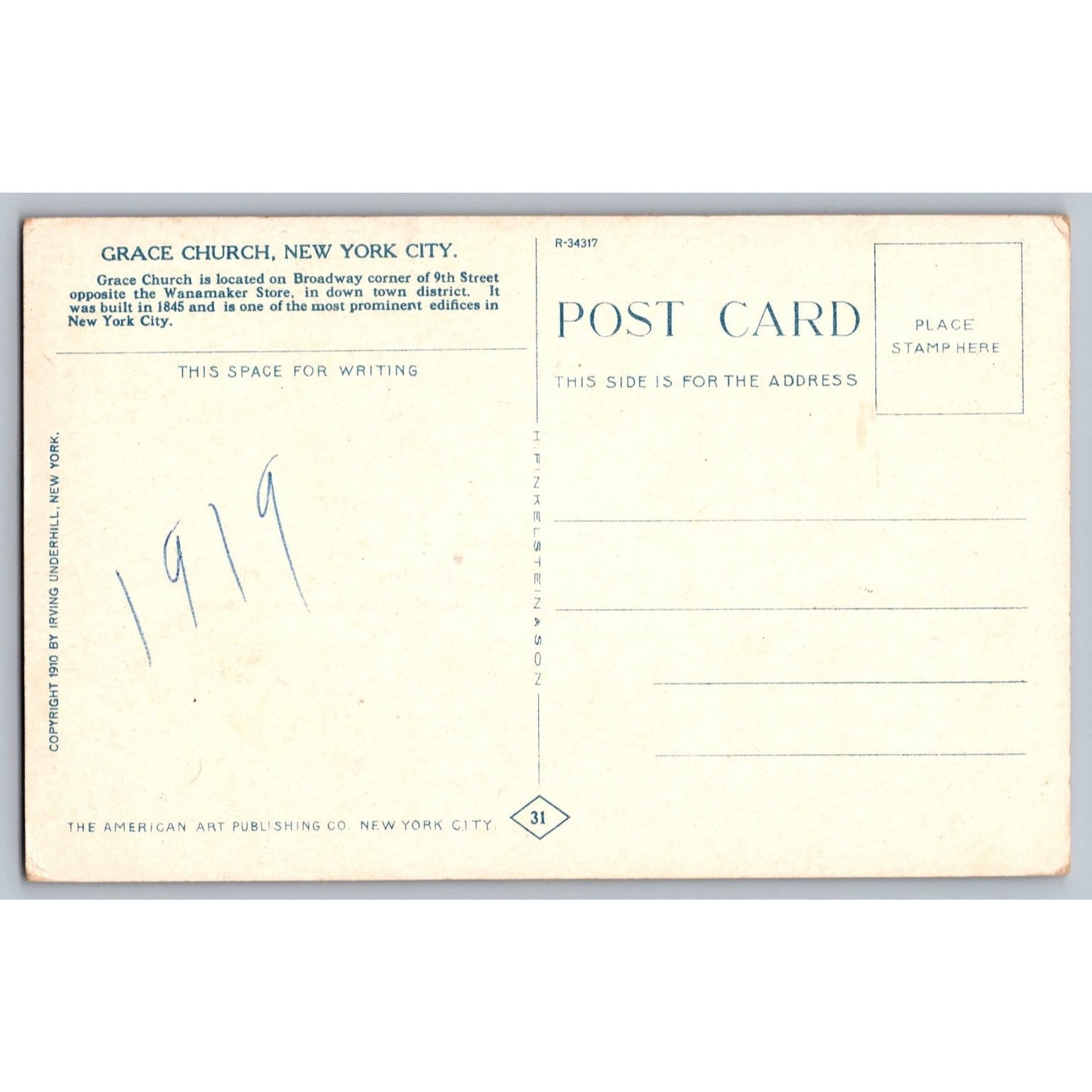 New York City NY Grace Church 1910 Divided Back Postcard Unused