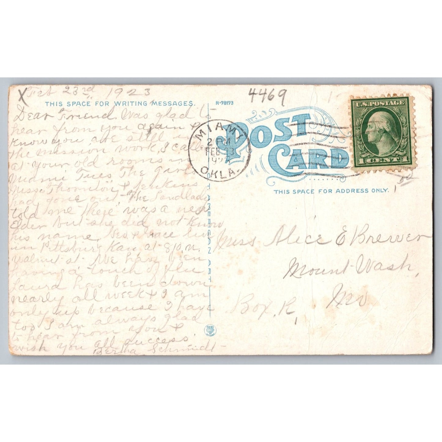 Miami OK Oklahoma First Christian Church 1923 White Border Postcard Used