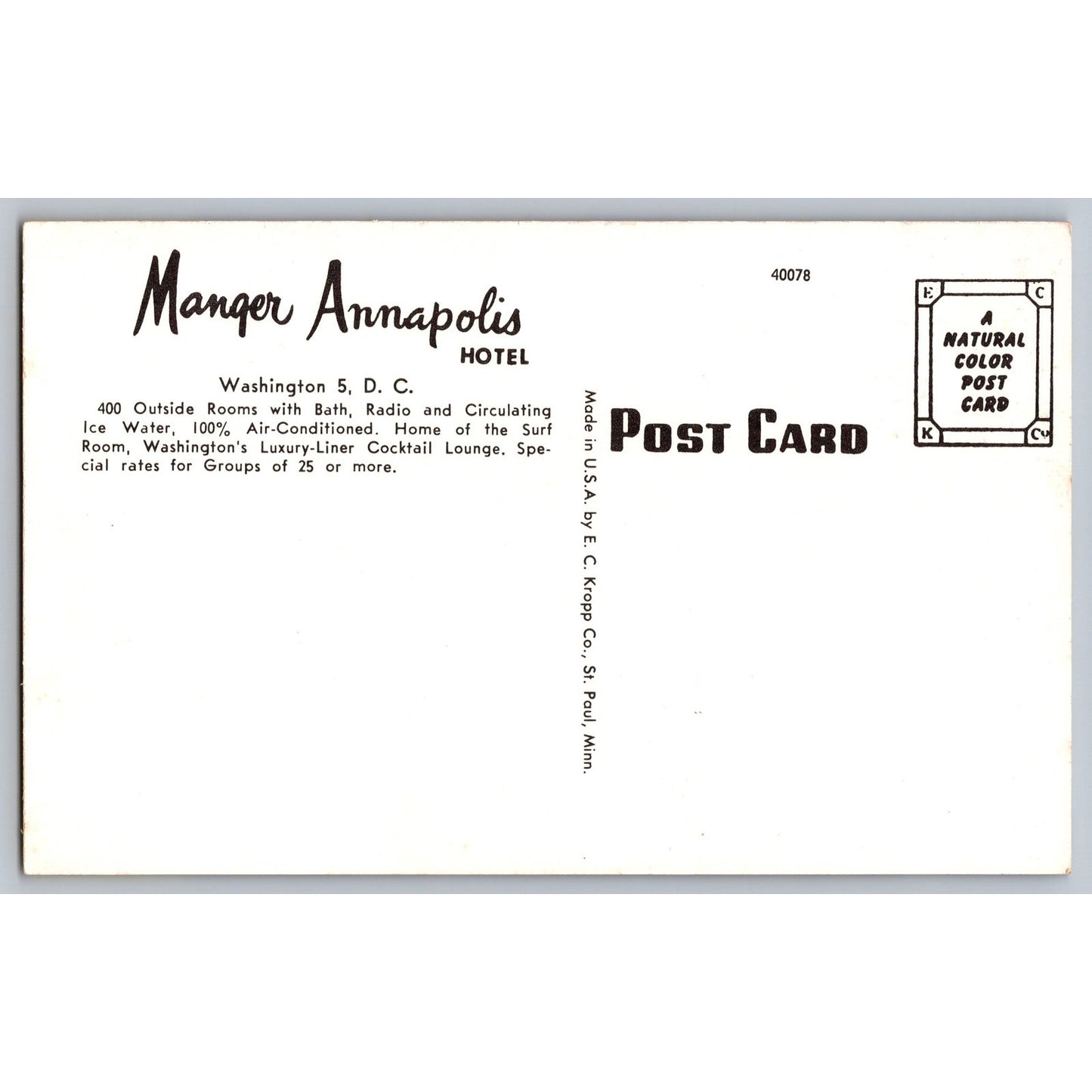 Washington DC Manger Annapolis Hotel Chrome Postcard Unused E C Kropp
