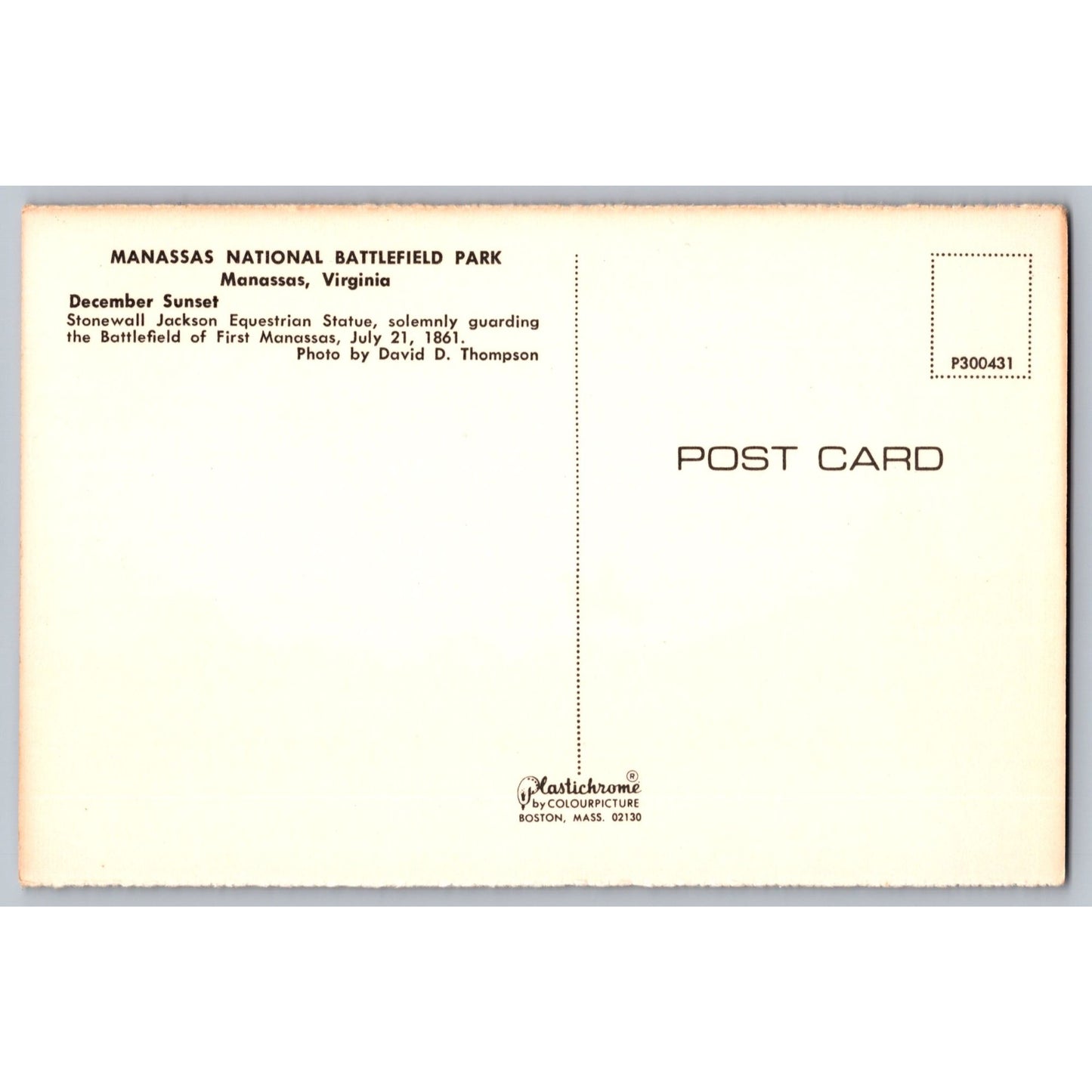 Postcard VA Virginia Manassas National Battlefield Park Stonewall Jackson 1960s