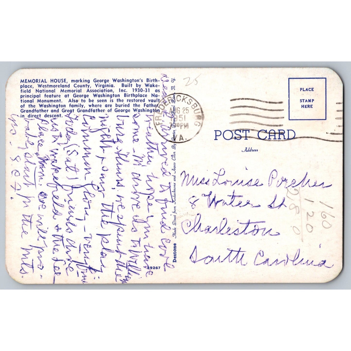 Westmoreland VA Virginia George Washington Memorial House 1951 Chrome Postcard