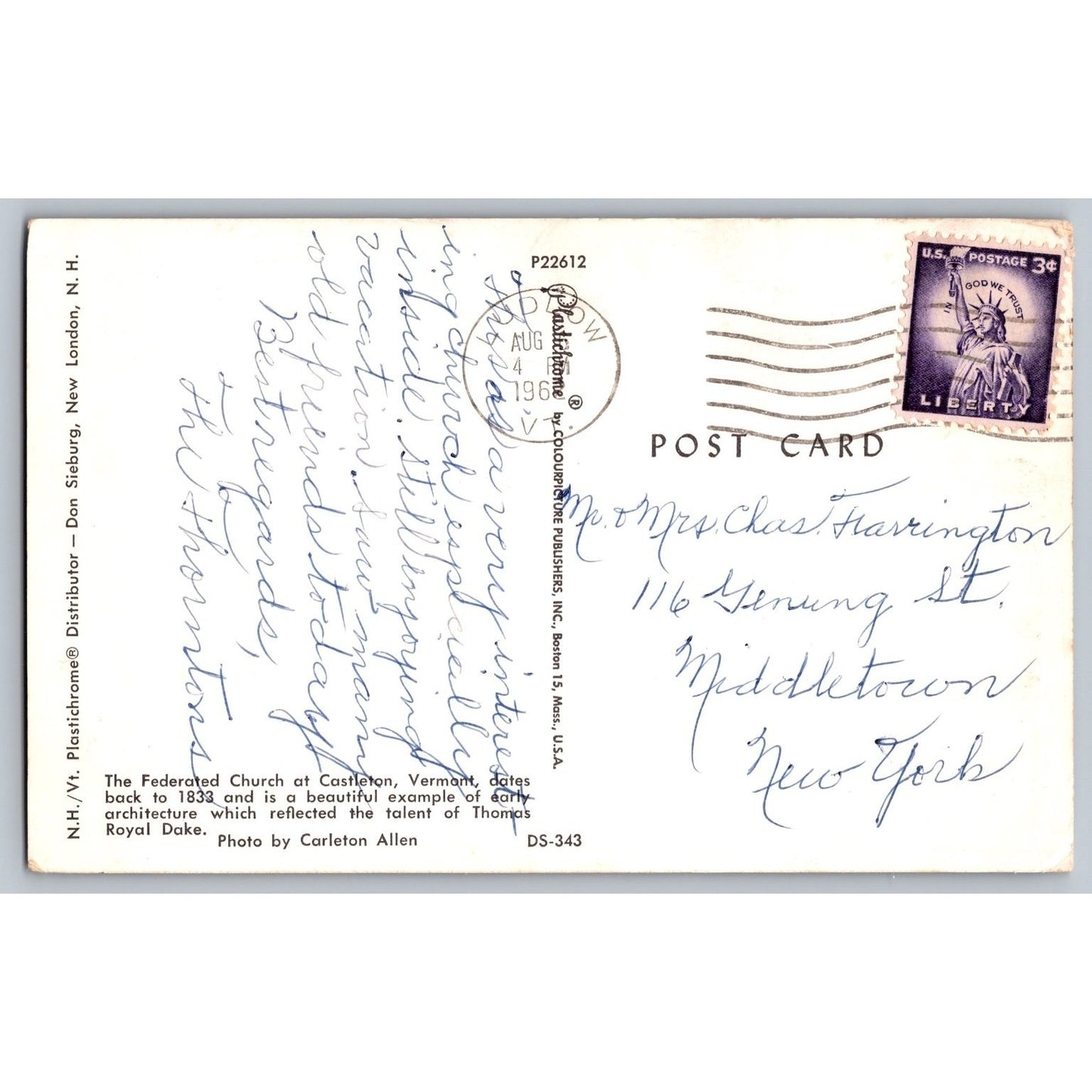 Castleton VT Vermont Federated Church Chrome Postcard Used Carleton Allen