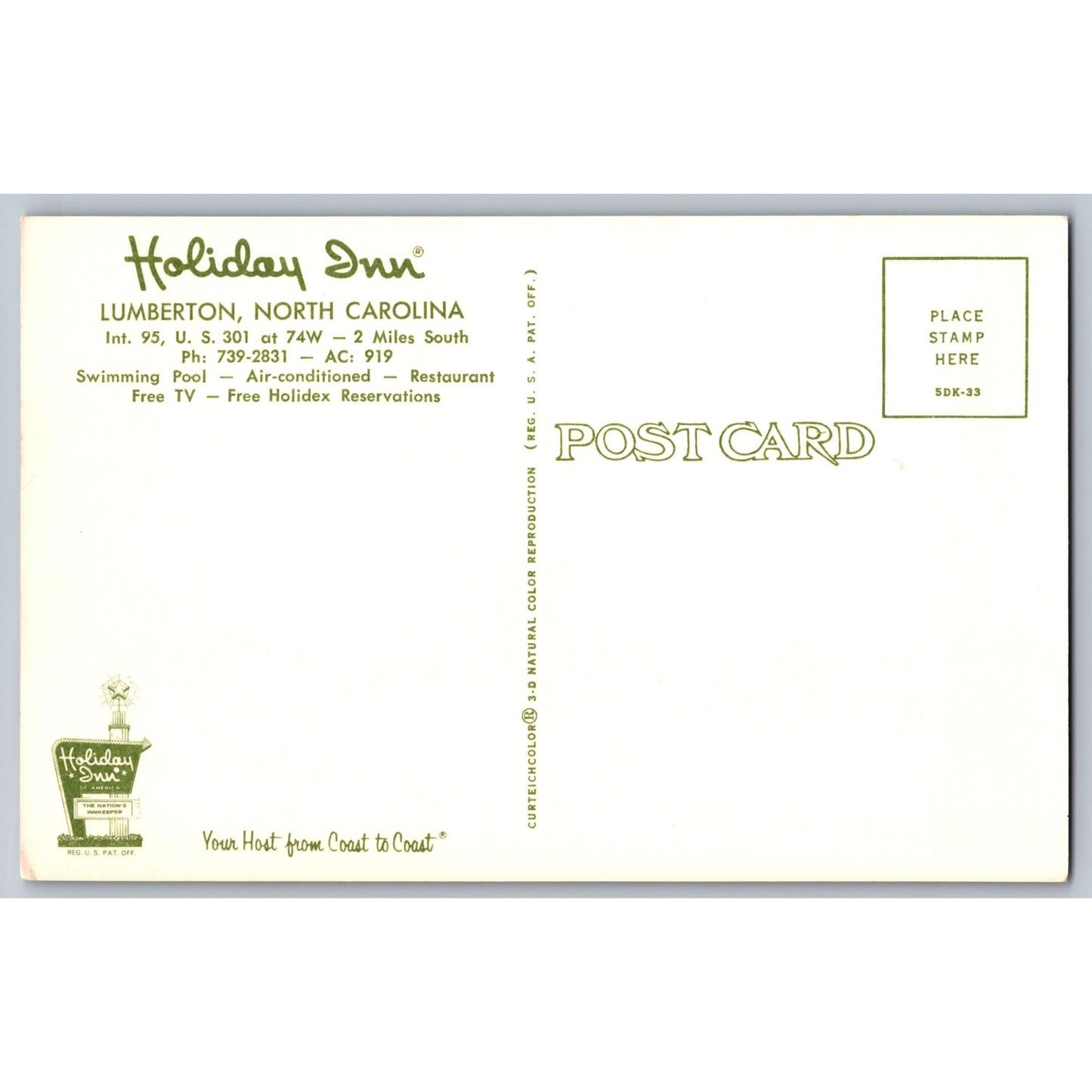 Lumberton NC North Carolina Holiday Inn Unused Chrome Postcard