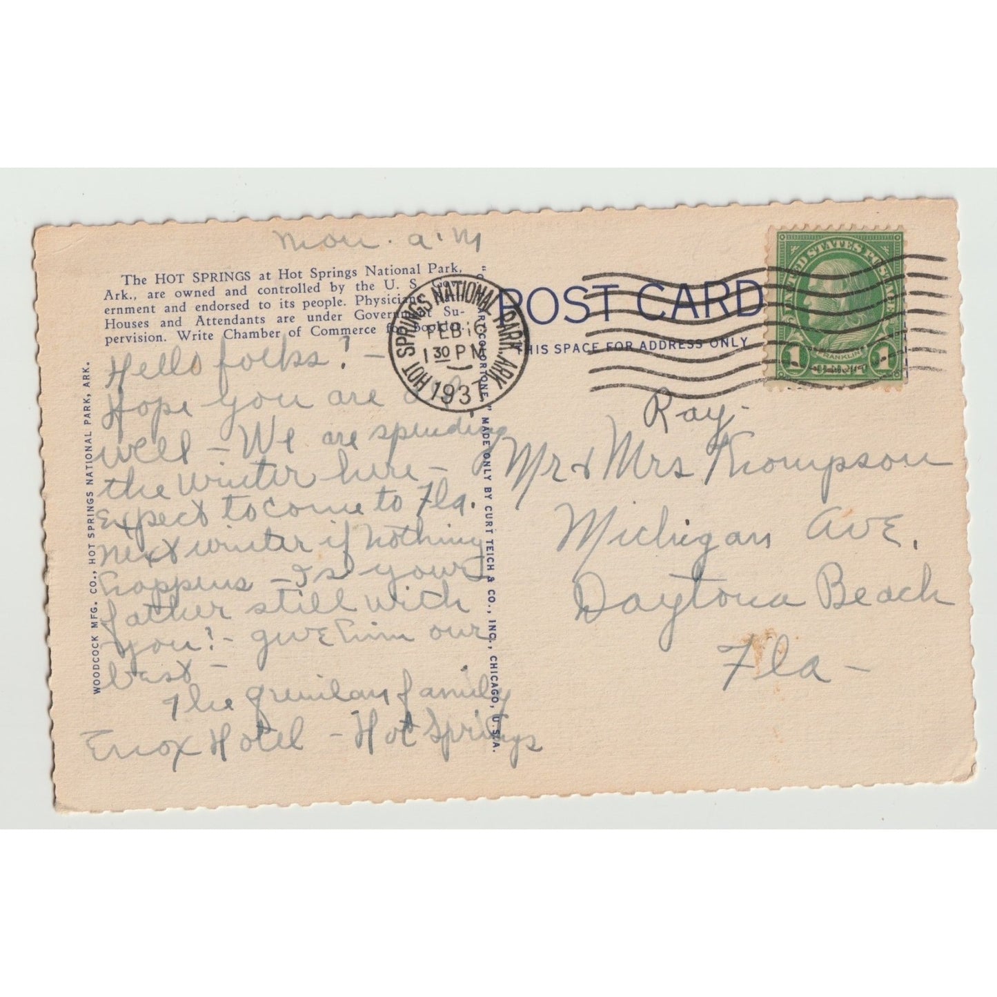 Postcard AR Arkansas Hot Springs National Park Bridge Lake Hamilton 1931 Used