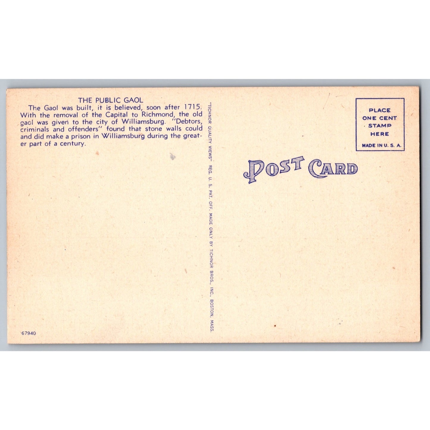 Williamsburg VA Virginia Public Gaol Linen Postcard Unused Tichnor Bros