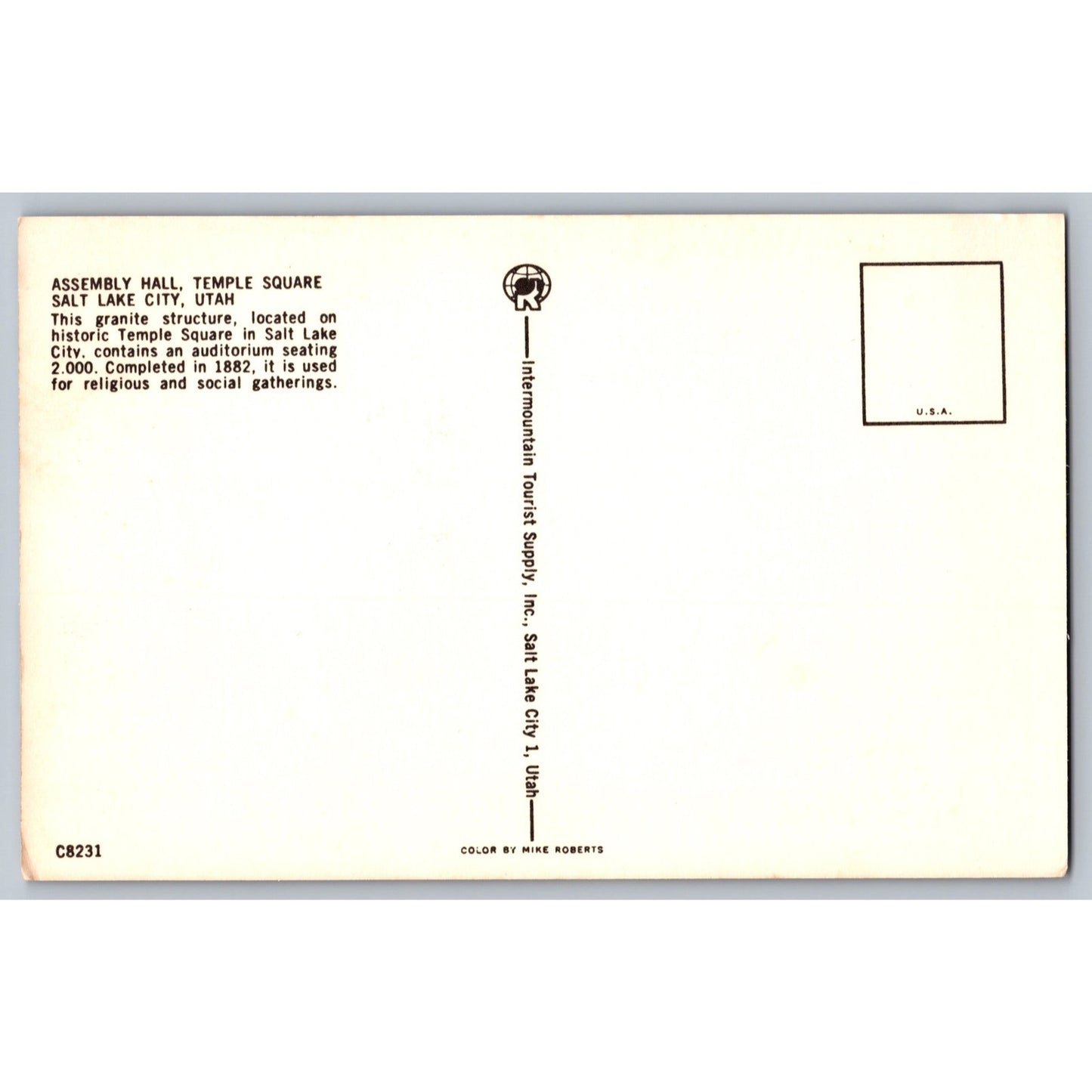 Salt Lake City UT Utah Assembly Hall Temple Square Chrome Postcard Unused