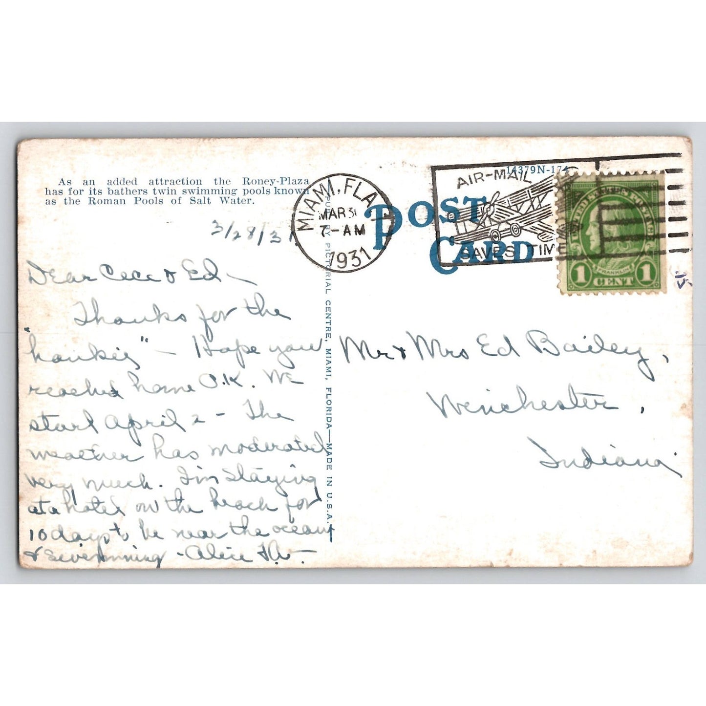 Postcard FL Florida Miami Beach Roney Plaza Hotel Cabannas White Border Used