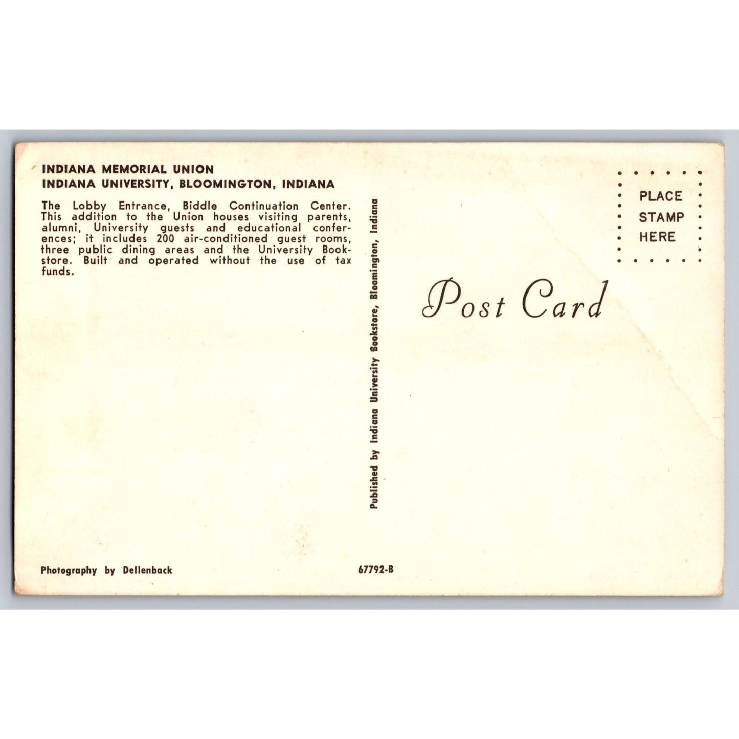 Bloomington IN Indiana University Memorial Union Chrome Postcard Unused Dellenback