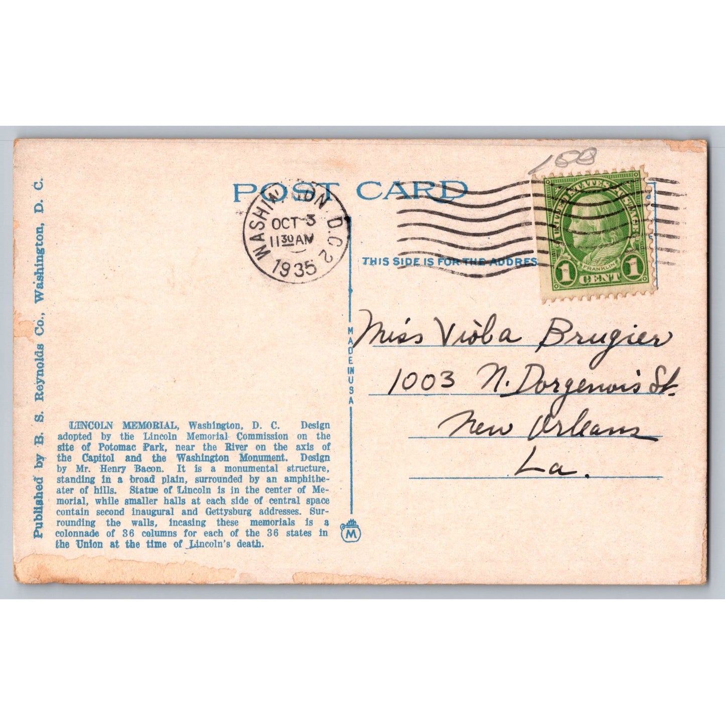Washington DC Lincoln Memorial 1935 White Border Postcard Used BS Reynolds Co
