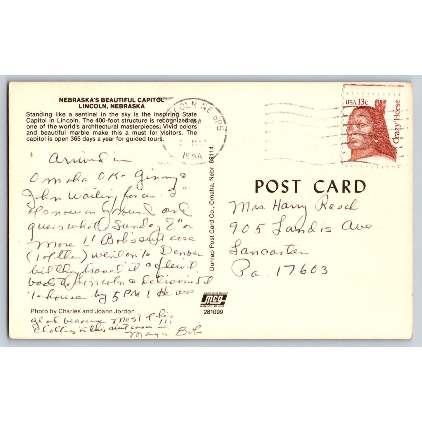 Lincoln NE Nebraska State Capitol Chrome Postcard 1980s Crazy Horse Stamp