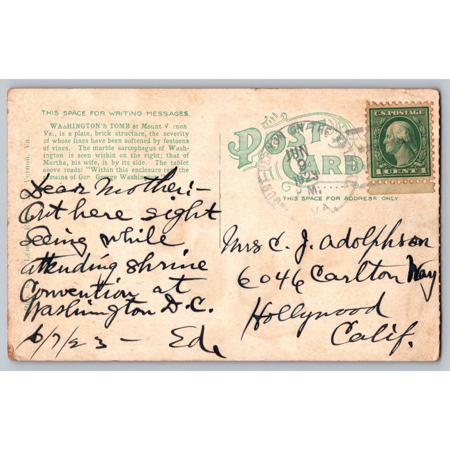 Mt Vernon VA Virginia Washington's Tomb 1923 White Border Postcard Used