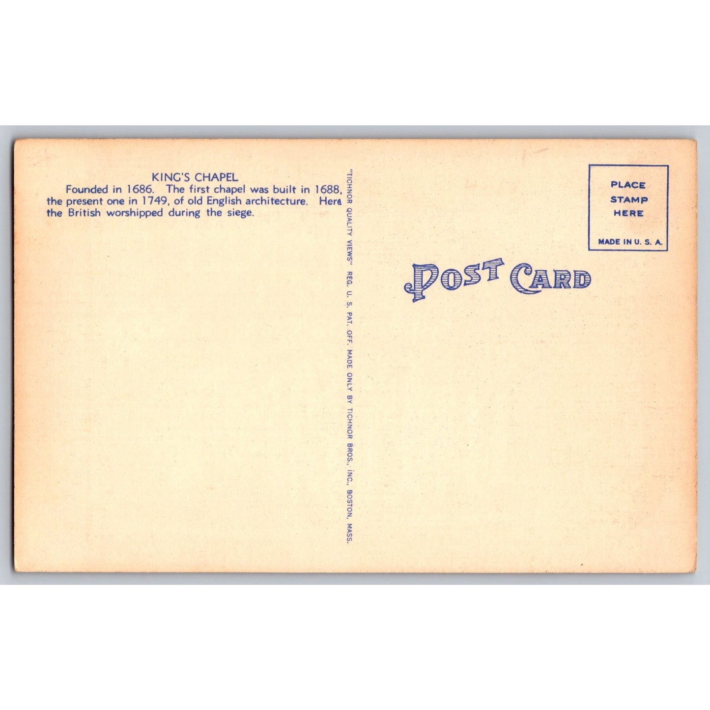 Boston MA Massachusetts King's Chapel 1940s Linen Postcard Unused