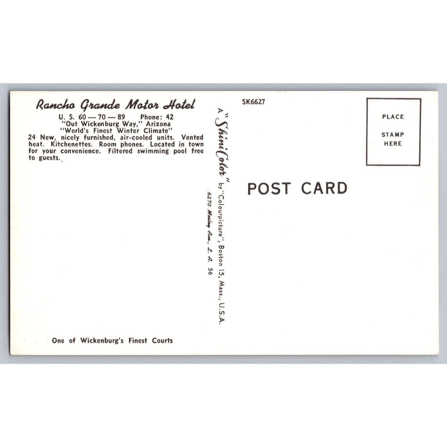 Wickenburg AZ Arizona Motel Rancho Grande Illustrated Postcard Unused
