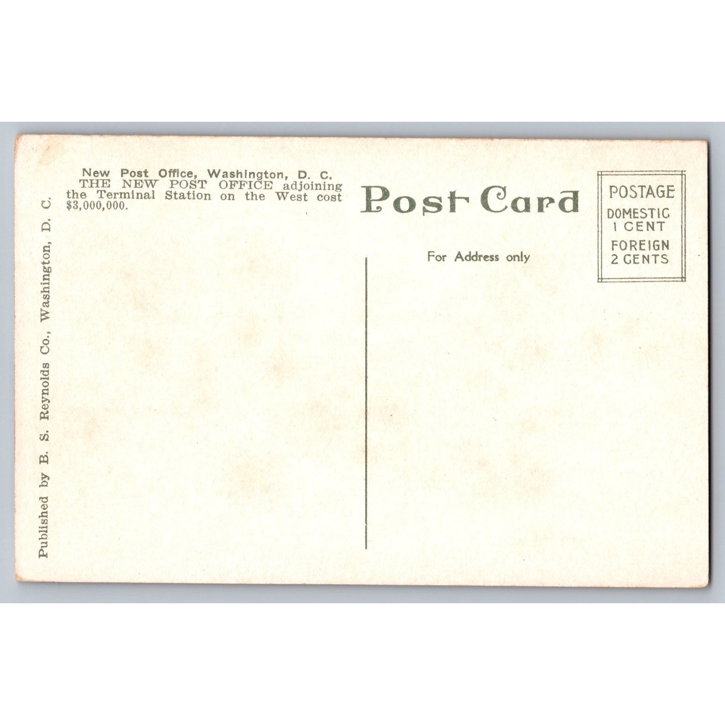 Washington DC New Post Office Washington DC Divided Back Postcard BS Reynolds Co