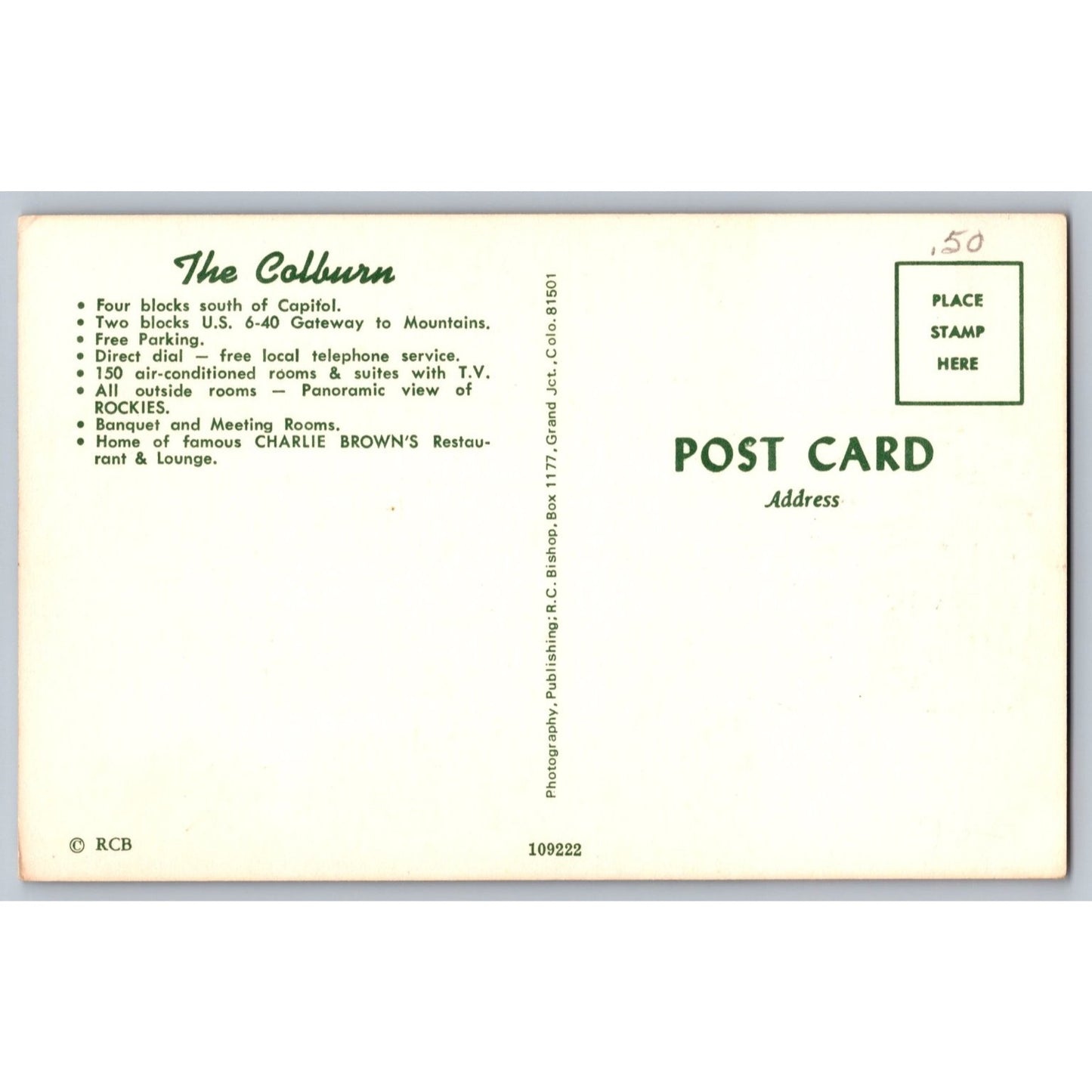 Denver CO Colorado Colburn Hotel Charlie Brown's 1960s Chrome Postcard Unused