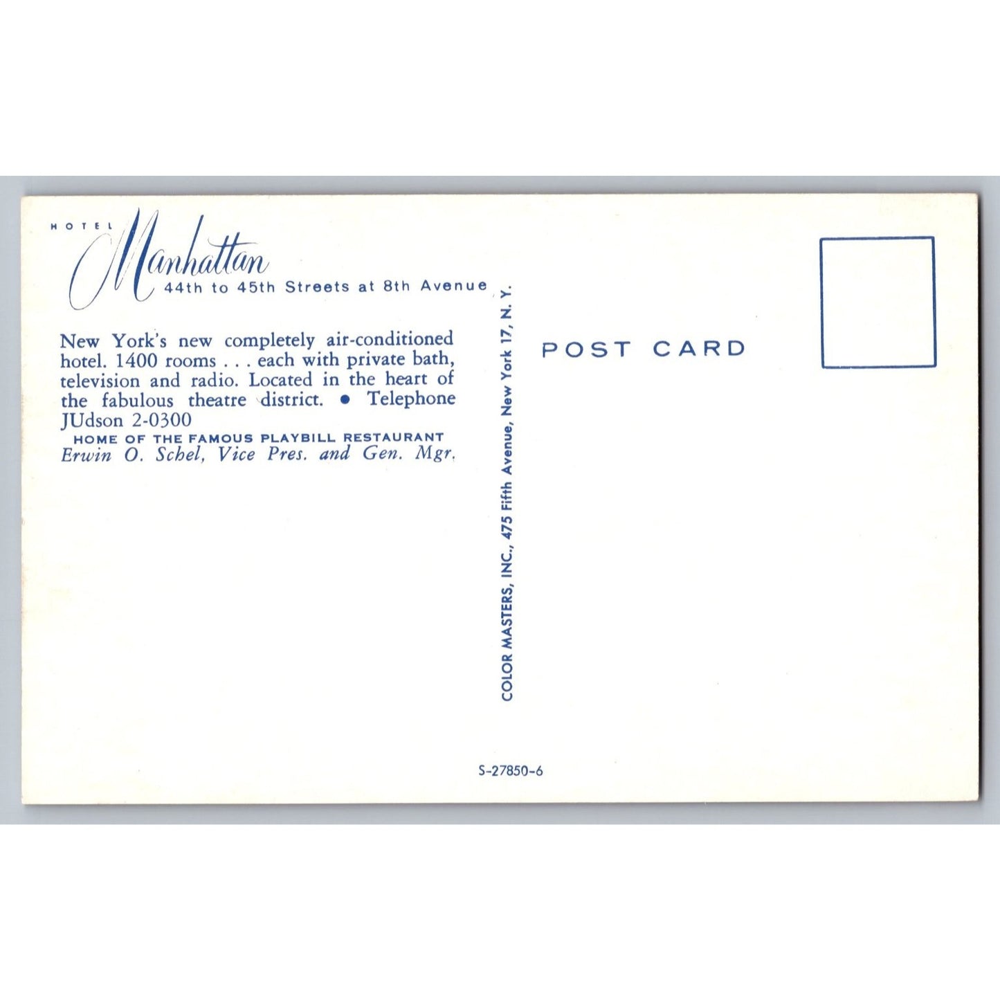 New York City NY Hotel Manhattan Chrome Postcard Unused