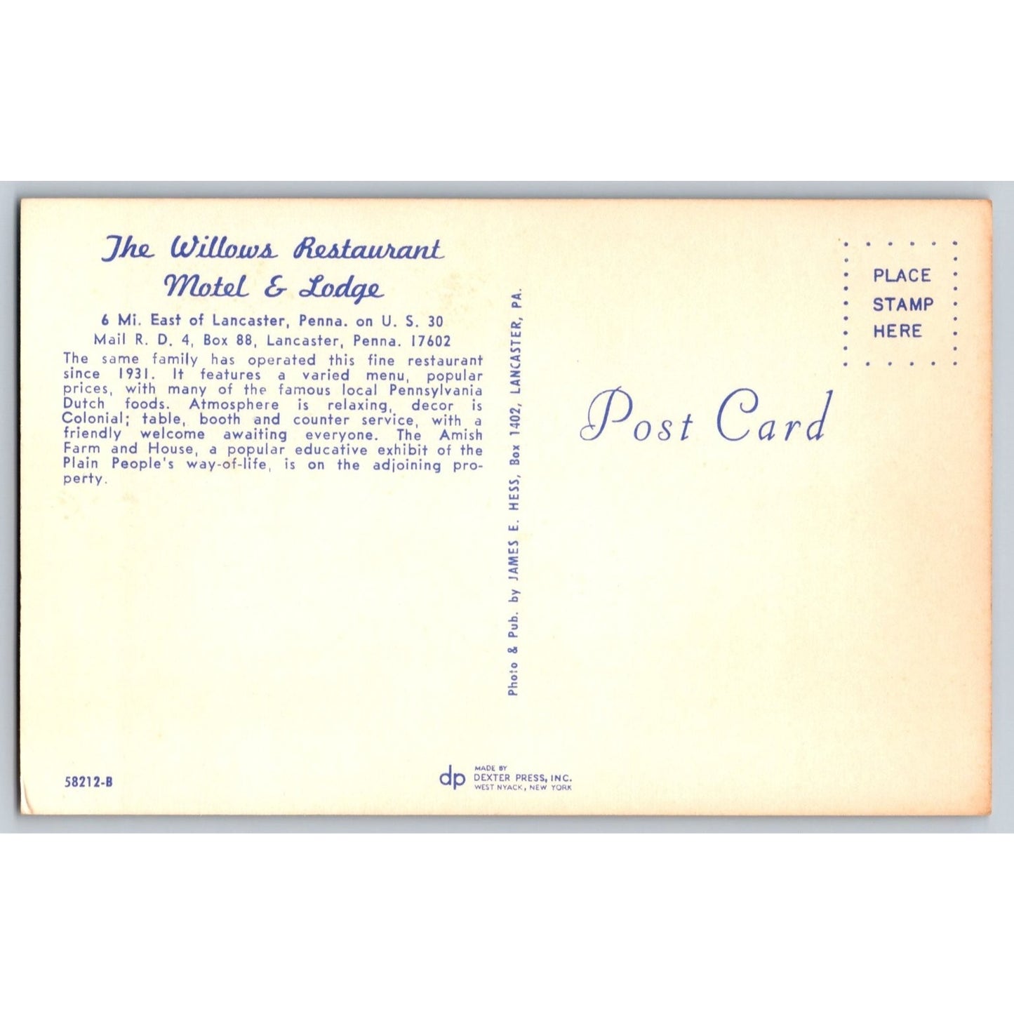 Lancaster PA Pennsylvania The Willows Motel & Lodge Dutch Foods Postcard